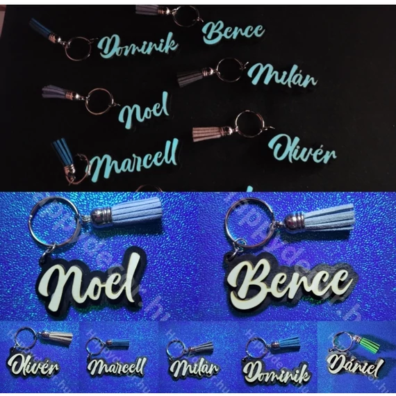 Egyedi fa kulcstartó, sötétben világító betűkkel 
